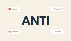 Visual guide showing five meanings of anti: against, prevents, protects, counteracts, and opposite.