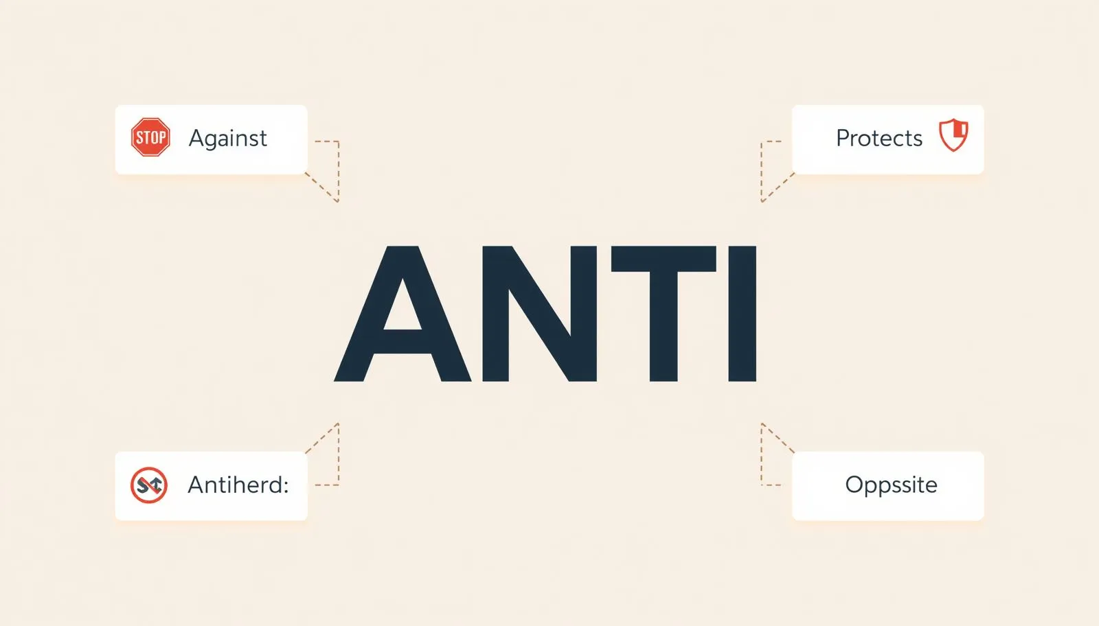 Visual guide showing five meanings of anti: against, prevents, protects, counteracts, and opposite.