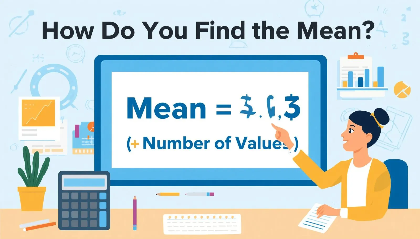 Student solving mean formula with numbers chart