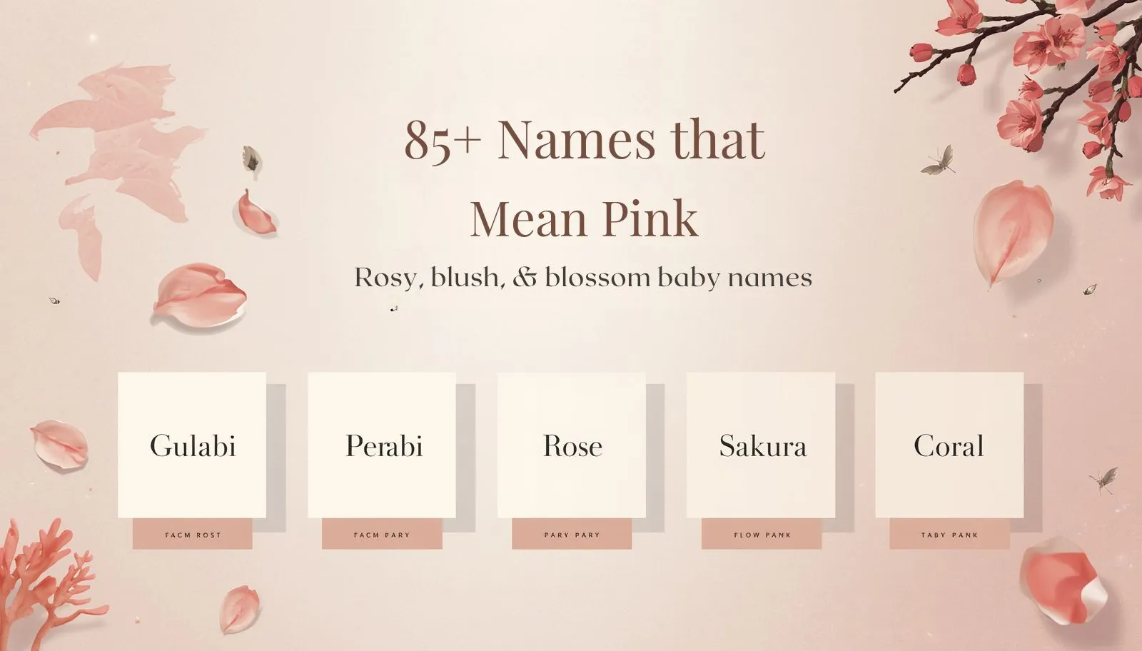 Pink baby name cards with rose, blossom, and coral meanings.