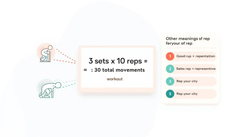 Visual guide explaining reps, sets, and common meanings of rep in fitness and everyday use.