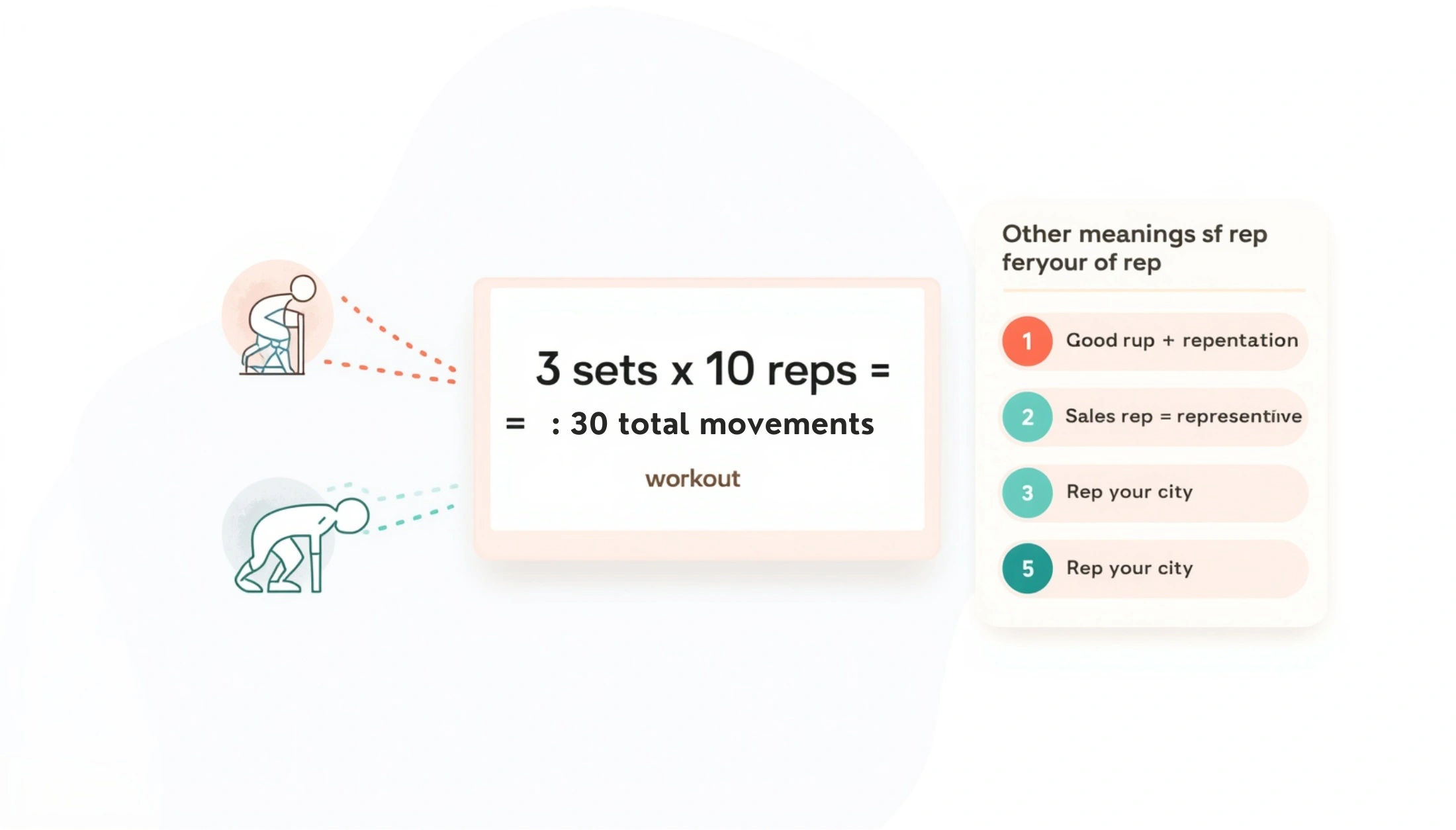 Visual guide explaining reps, sets, and common meanings of rep in fitness and everyday use.