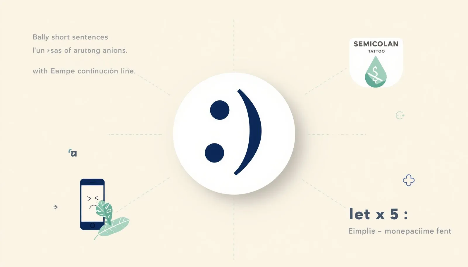 Semicolon symbol showing meanings in writing, tattoos, texting, and code.