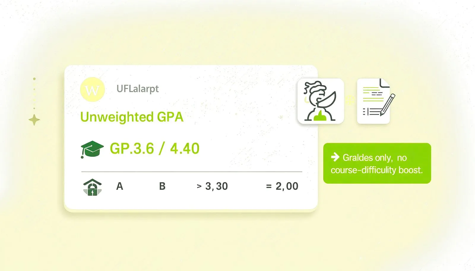 Unweighted GPA 4.0 scale explained with transcript graphic.