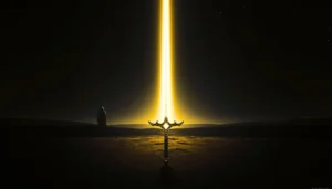 Glowing yellow energy sword symbolizing protection, balance, and a new path.